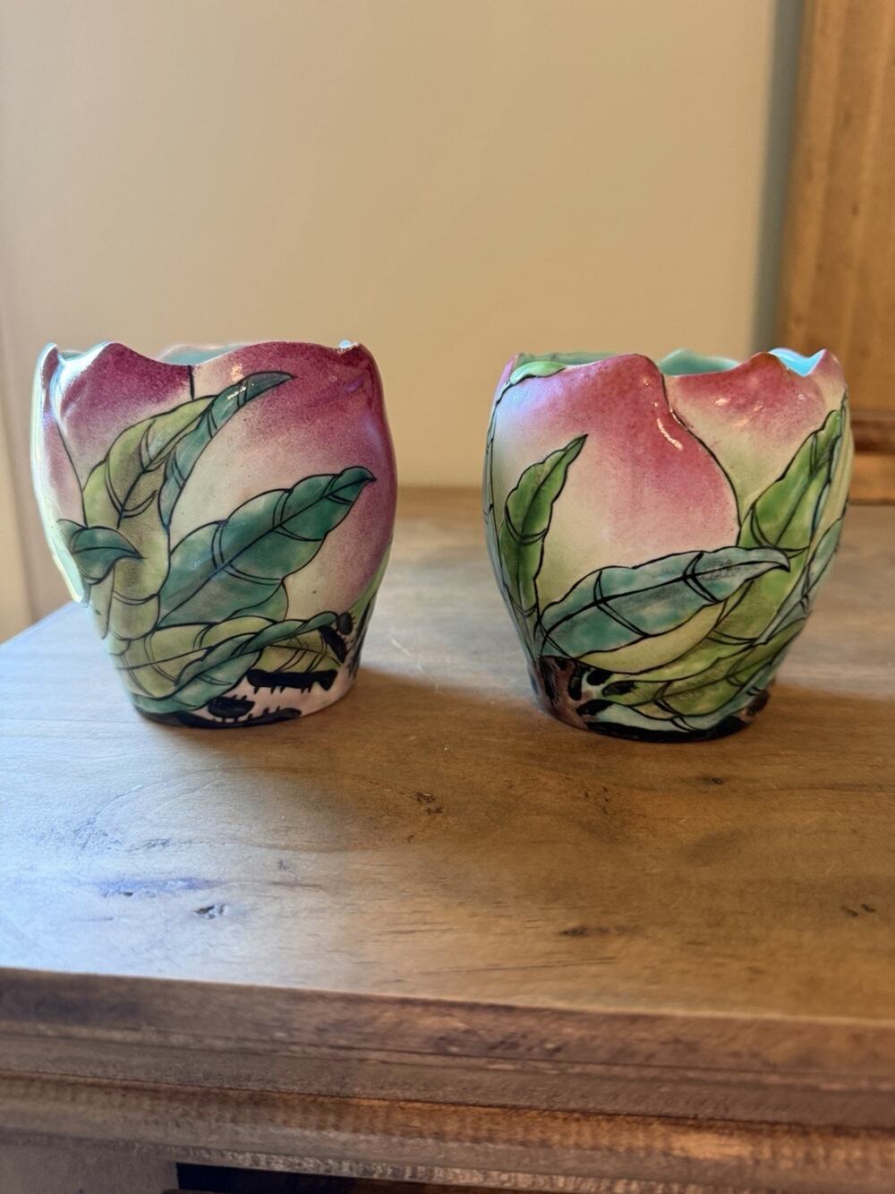 Pair Of Vintage Chinese Famille Rose Longevity Peach Porcelain Cup/Brush Pot 4”T